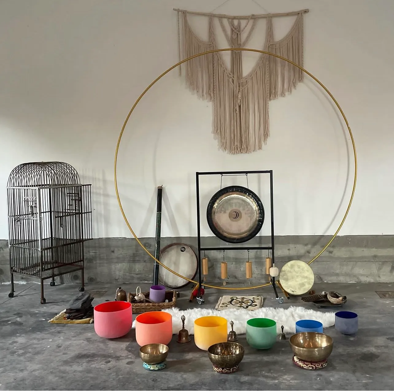 The full sound healing instrument collection — crystal singing bowls, gong, chimes, drums, and Tibetan bowls